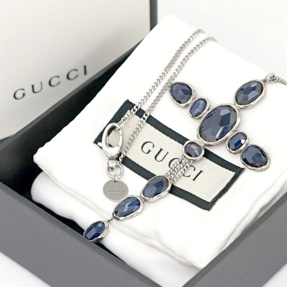 GUCCI blue Stone Cross Necklace 27" Silver 925 Auth w/Box p11061